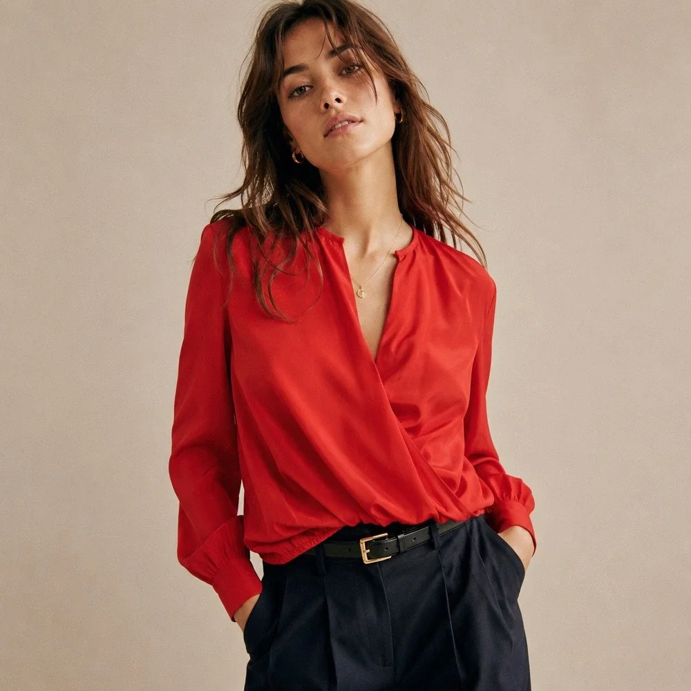 Rag & Bone Lora 100% Silk Surplice Wrap Blouse Battle Red Sz XS